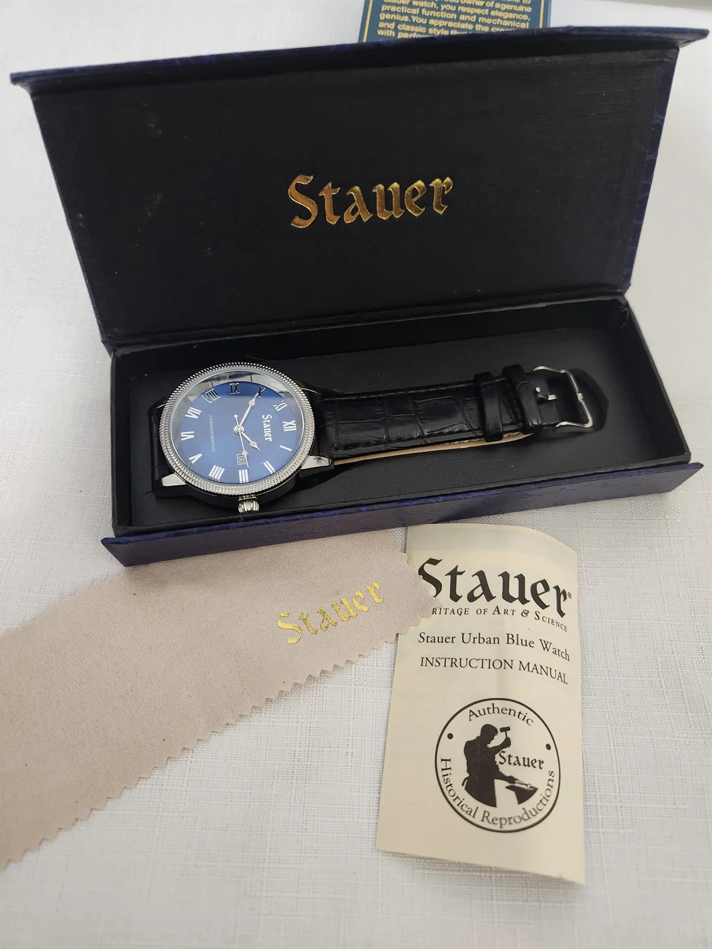 Stauer Urban Blue Men’s Blue Dial & Black Leather Strap Watch. 43mm.